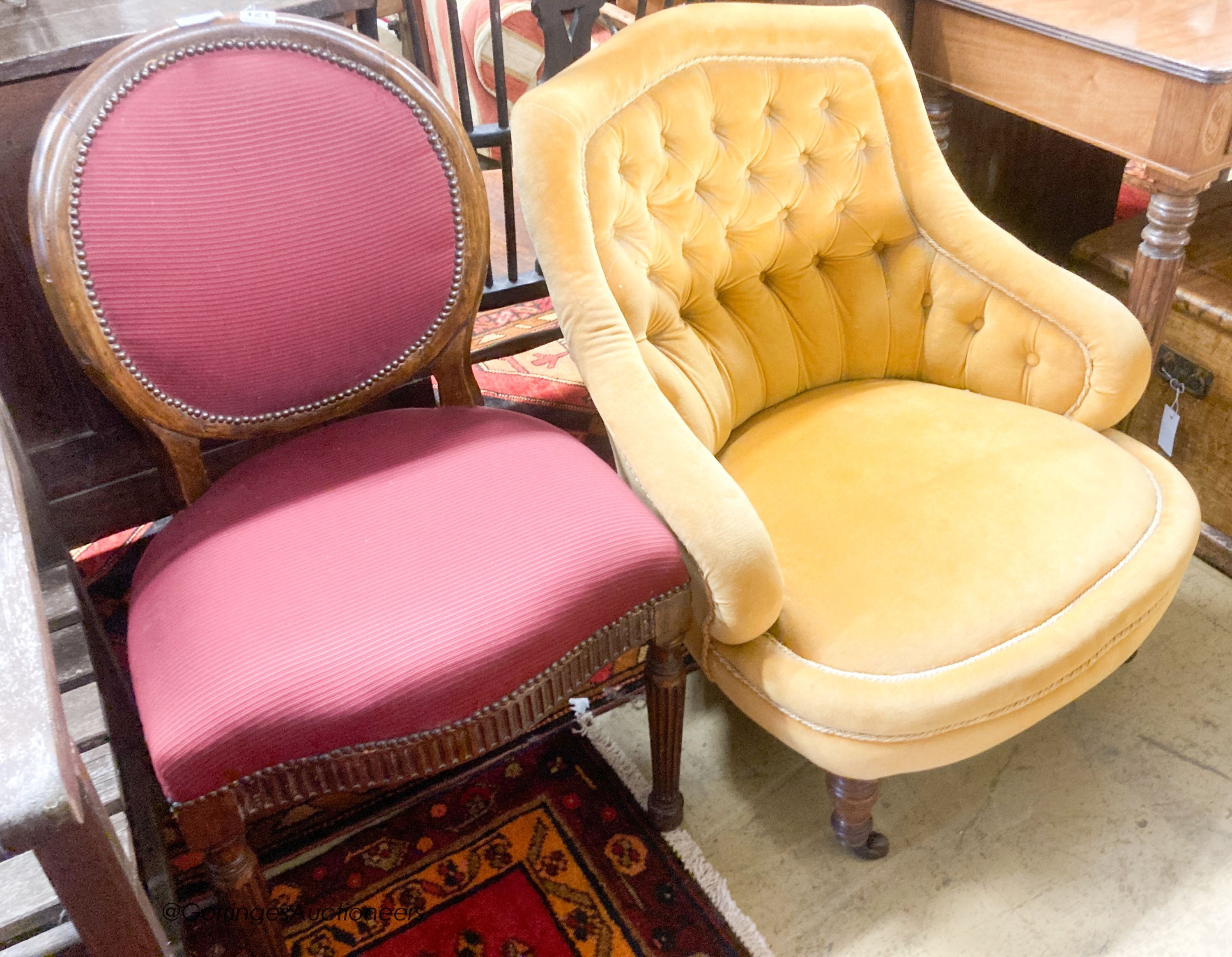 A Louis XV side chair (formerly gilded) and a Victorian buttoned gold dralon nursing chair (2)